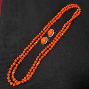 Vintage Orange Dome Clip-On Earrings with Rhinestone Border + Matching Necklace